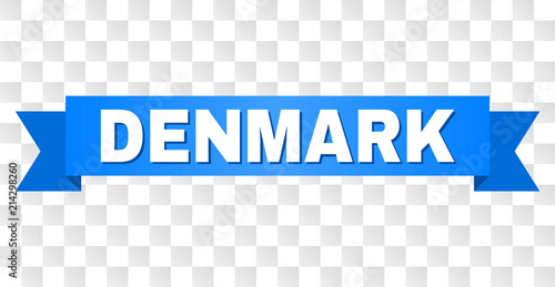 DENMARK text on a ribbon. Designed with white title and blue stripe. Vector banner with DENMARK tag on a transparent background.