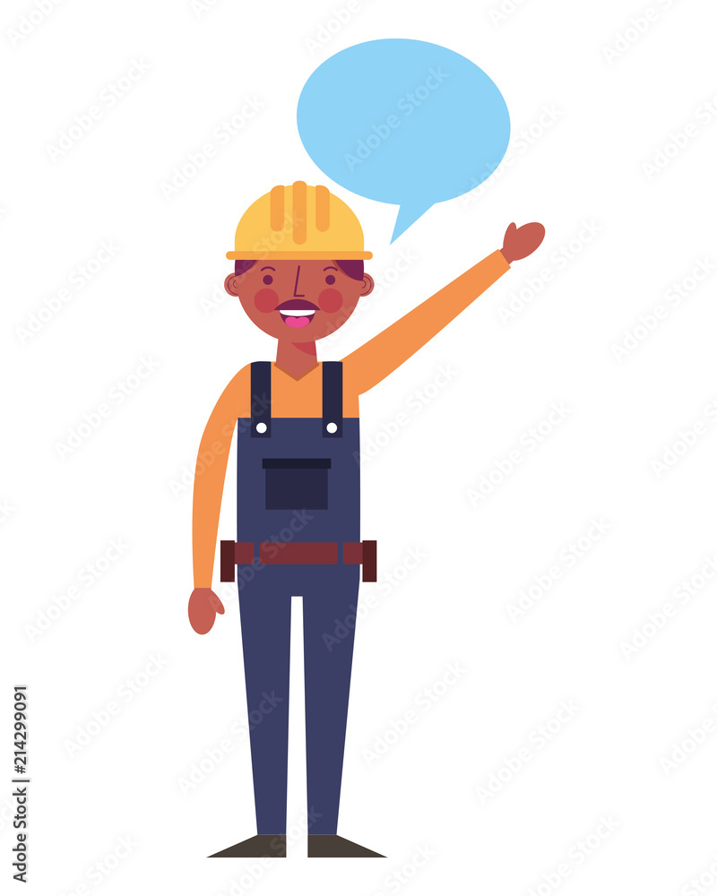 construction man worker with helmet and overalls speech bubble