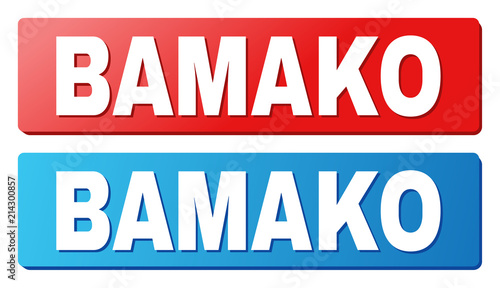 BAMAKO text on rounded rectangle buttons. Designed with white caption with shadow and blue and red button colors.