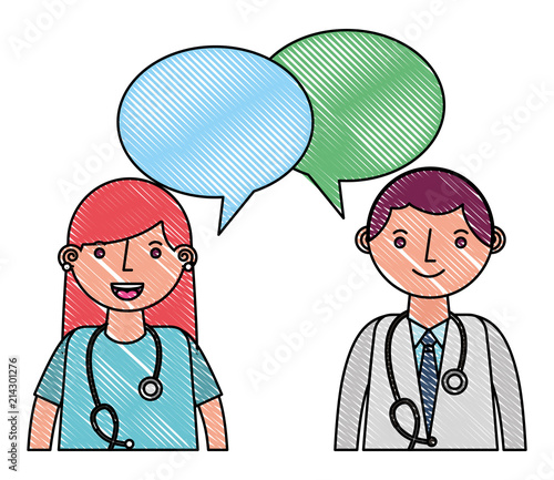 doctor man and woman portrait speech bubble