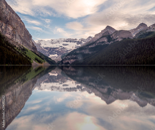 Mountain, glacier and water reflections at the Lake Louise, Banff National Park