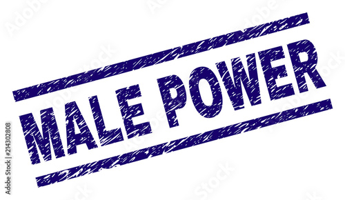 MALE POWER stamp seal watermark with grunge style. Blue vector rubber print of MALE POWER text with grunge texture. Text tag is placed between parallel lines.