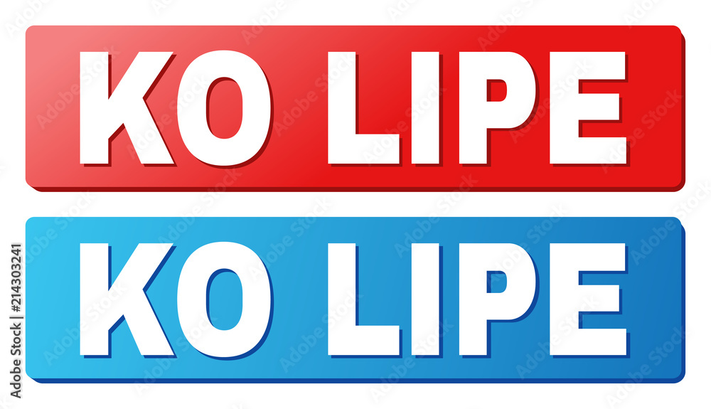 KO LIPE text on rounded rectangle buttons. Designed with white title with shadow and blue and red button colors.