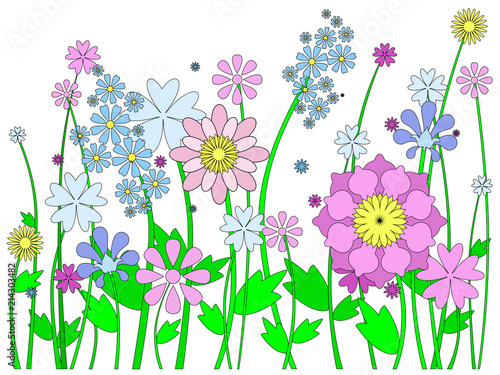 flowers arranged in a row, differing in shape, color and structure, in blue and pink tones, vector