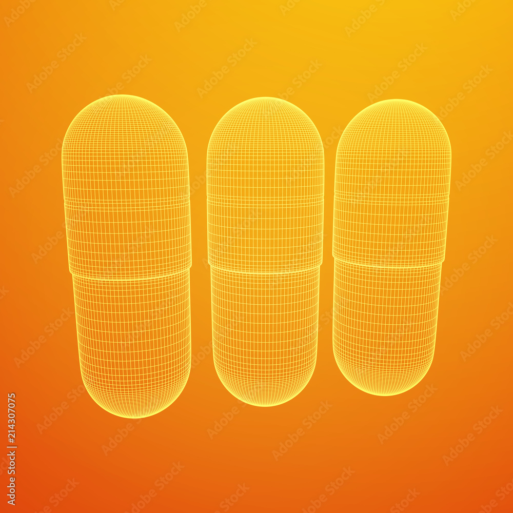 Medical capsule pill wireframe low poly mesh object. Vector illustration Medical capsule pill wireframe low poly mesh object. Vector illustration