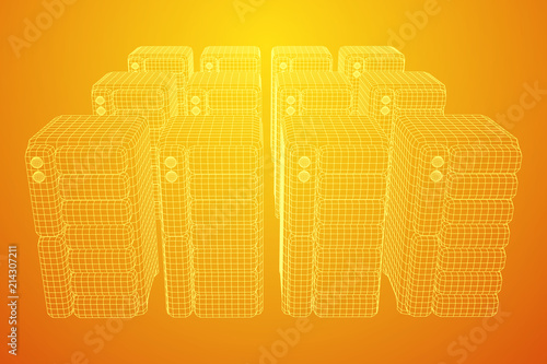 Hardware equipment telecommunication server. Data center storage room object. Computer database tower. Internet industry cluster. Wireframe low poly mesh vector illustration
