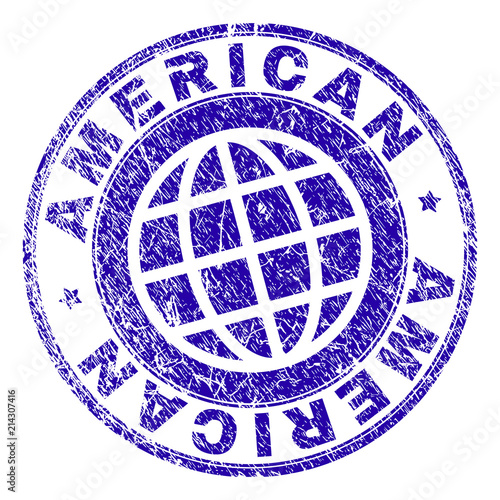 AMERICAN stamp print with distress effect. Blue vector rubber seal print of AMERICAN label with dirty texture. Seal has words arranged by circle and planet symbol.