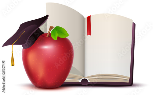 Open book, red apple and motarboard symbol of knowledge and education photo
