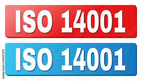 ISO 14001 text on rounded rectangle buttons. Designed with white caption with shadow and blue and red button colors.