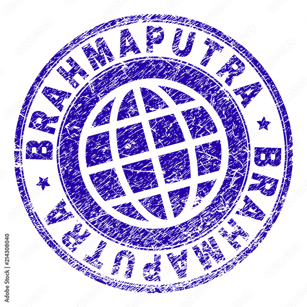 BRAHMAPUTRA stamp imprint with grunge texture. Blue vector rubber seal imprint of BRAHMAPUTRA caption with dirty texture. Seal has words placed by circle and globe symbol.