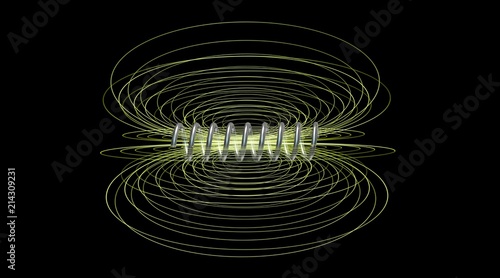 Solenoid field. Magnetic field lines. 3d rendering. Wide side view photo