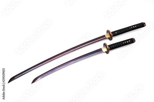 Katana and wakizashi Japanese swords isolated in white background.
