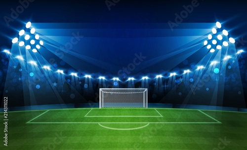 Football arena field with bright stadium lights vector design. Vector illumination