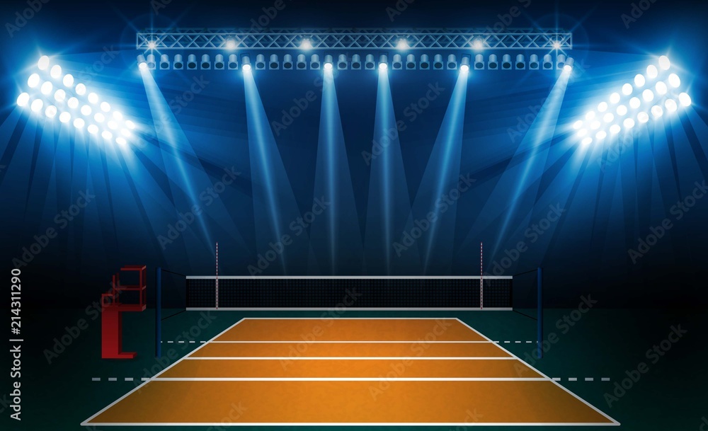 Volleyball court arena field with bright stadium lights design. Vector