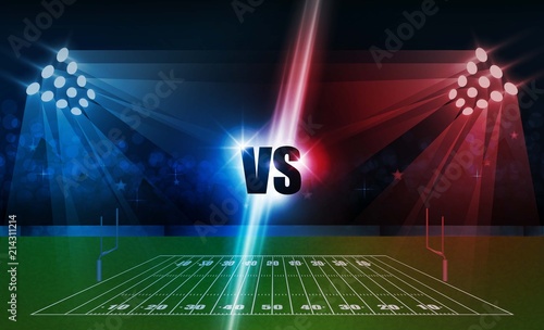 American football arena field with bright stadium lights design. Battle and match design. Vector illumination