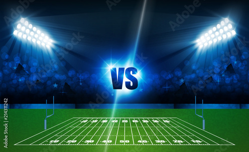 American football arena field with bright stadium lights design. Battle and match design. Vector illumination