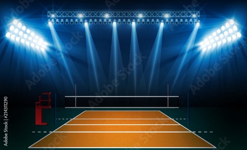 Volleyball court arena field with bright stadium lights design. Vector illumination