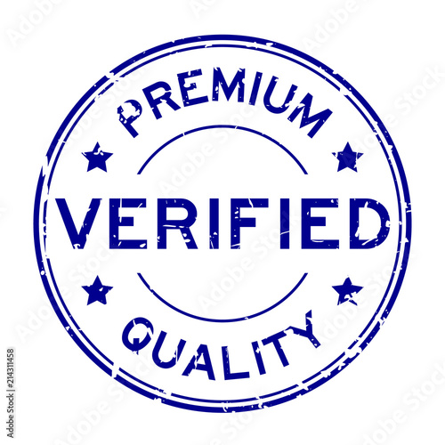 Grunge blue premium quality verified round rubber seal stamp on white background