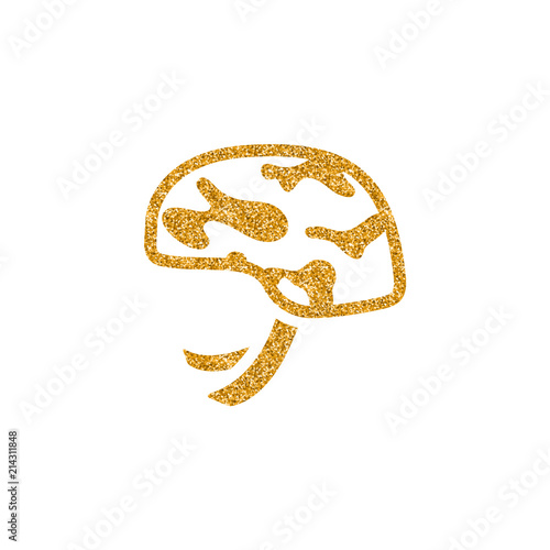 Military helmet icon in gold glitter texture. Sparkle luxury style vector illustration.