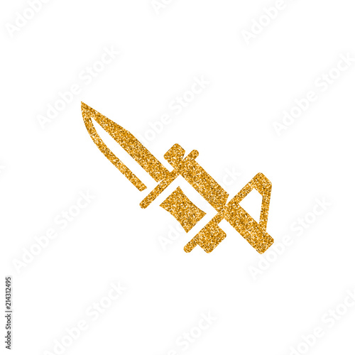 Bayonet knife icon in gold glitter texture. Sparkle luxury style vector illustration.