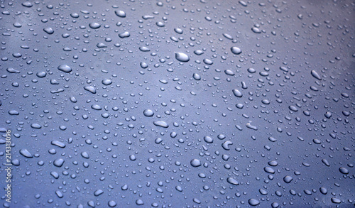 large and small drops of water on a blue bright background