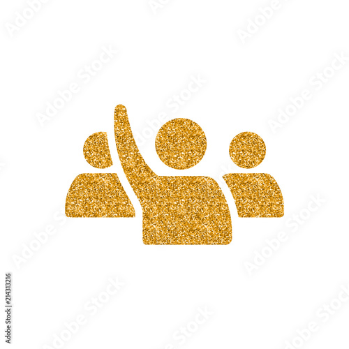 People raise hand icon in gold glitter texture. Sparkle luxury style vector illustration.