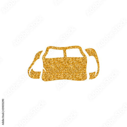 Camera bag icon in gold glitter texture. Sparkle luxury style vector illustration.