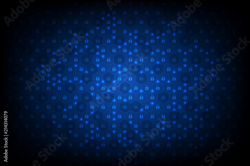 Blockchain circuit networking concept. Distributed ledger technology. Locks are located in Hexagonal cells