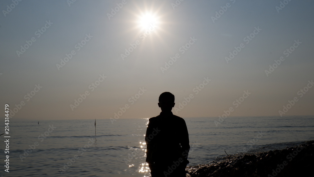 Silhouette, beach, sunrise, sea