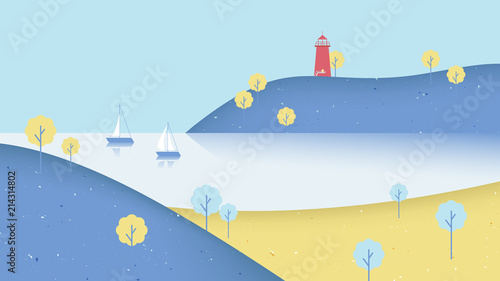 Ocean scenery landscape, lighthouse on the hill and sail boats in ocean surrounded by mountains