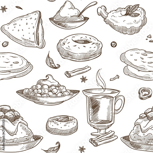 Indian cuisine vector sketch seamless pattern