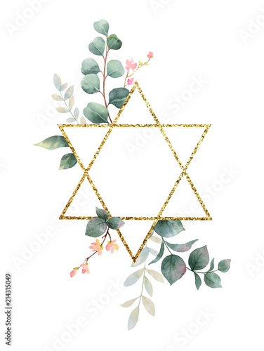 Watercolor vector hand painting composition from the flowers, green leaves and gold geometric frame.
