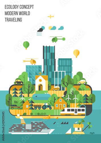 Ecology concept. Abstract image of the modern world - Modern city and agriculture. Transportation by land, water and air.