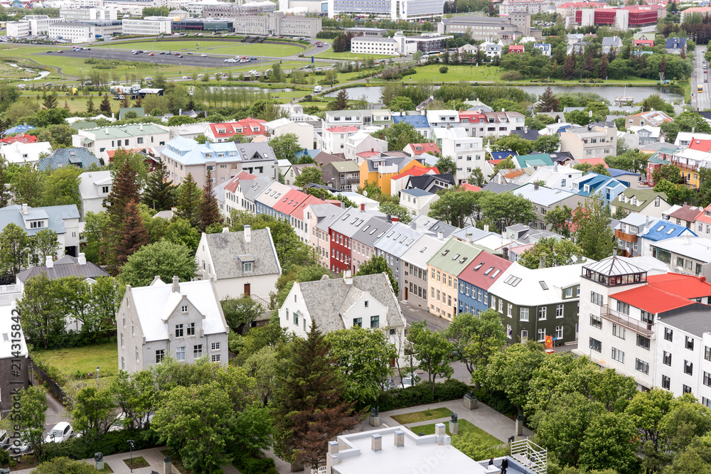 View of the colorful houses of downtown Reykjavik