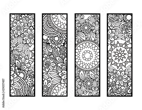 Set of four bookmarks in black and white. Doodles flowers and ornaments for adult coloring book. Vector illustration.