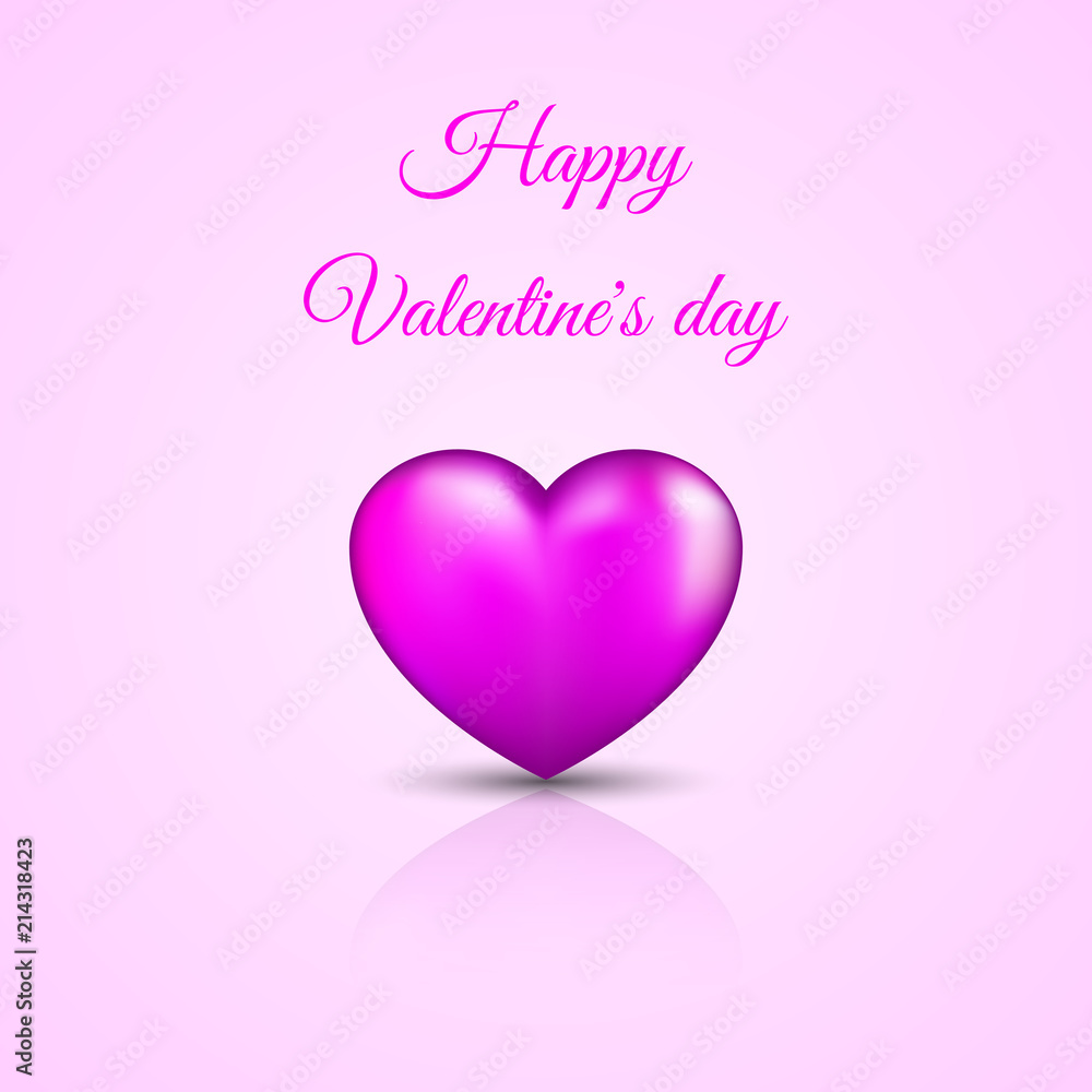 Happy Valentine's Day - cute greeting card. 3D realistic pink heart on a lilac background. Love concept. Vector illustration.