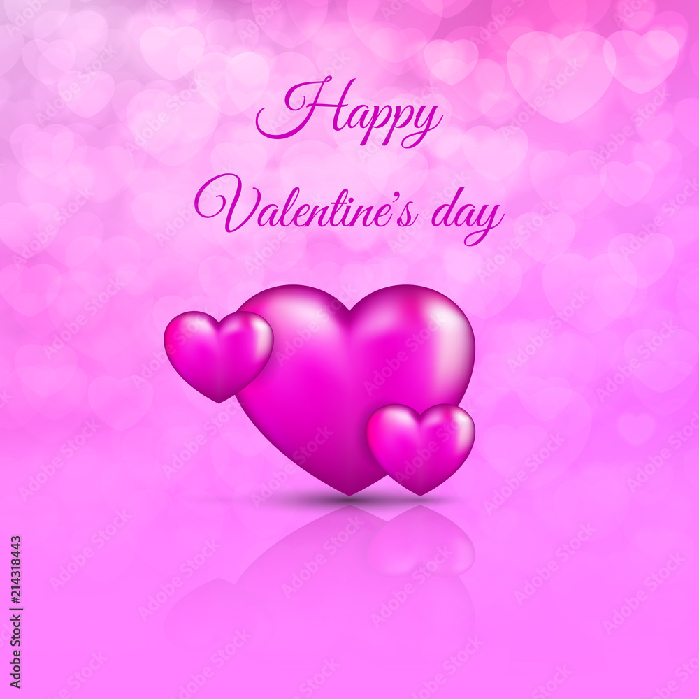 Happy Valentine's Day - cute greeting card. 3D realistic pink hearts on the lilac background bokeh. Love concept. Vector illustration.