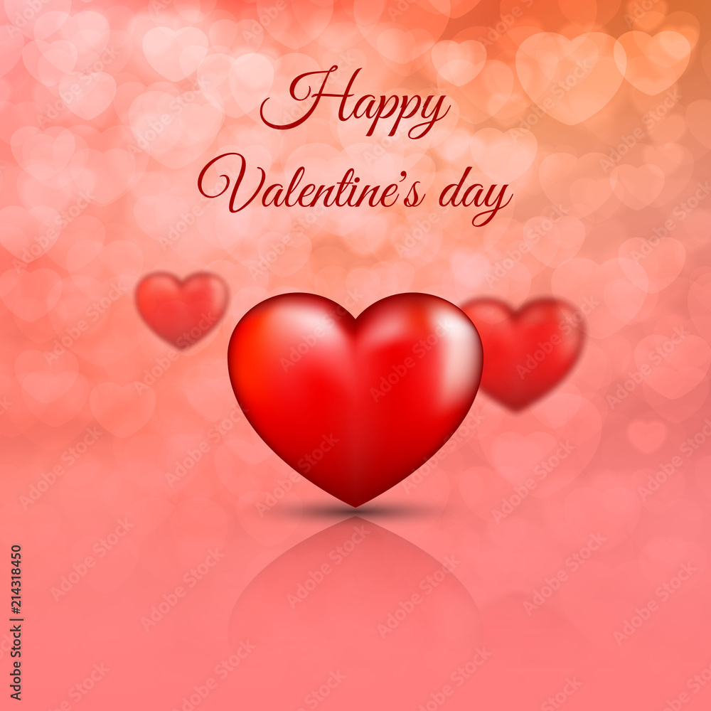 Happy Valentine's Day - cute greeting card. 3D realistic red hearts on the background bokeh. Love concept. Vector illustration.