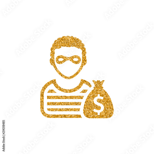 Burglar icon in gold glitter texture. Sparkle luxury style vector illustration.