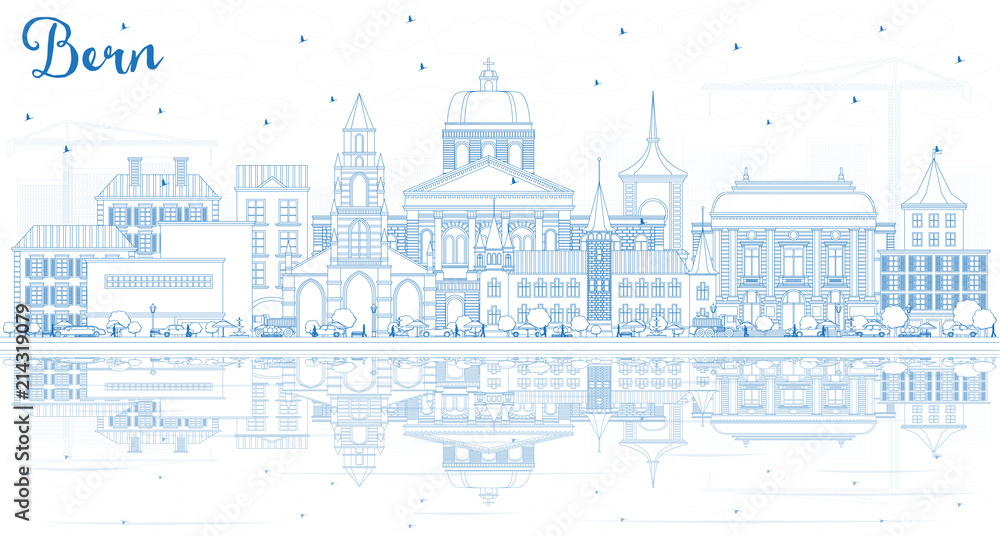 Outline Bern Switzerland City Skyline with Blue Buildings and Copy Space.
