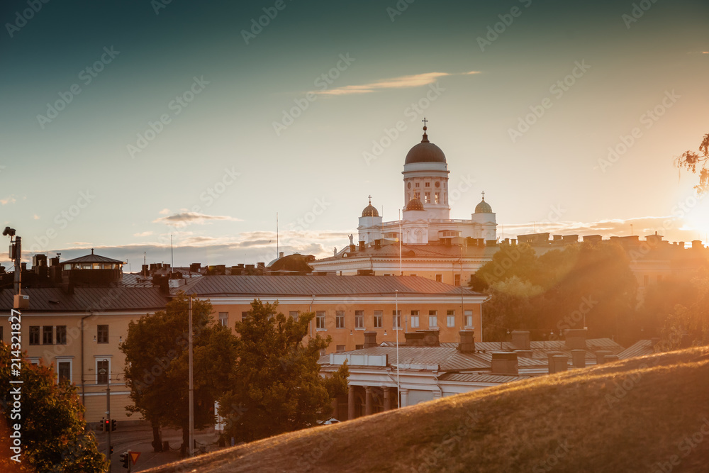 Helsinki, the capital of Finland, view of the Cathedral at sunset, beautiful city landscape