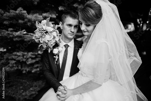 Romantic wedding couple sitting next to wooden gazebo outdoors.