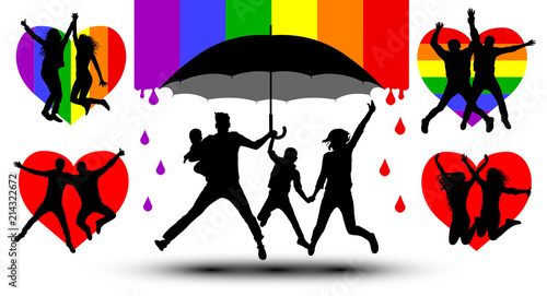 Family is protected by an umbrella, silhouette. Gender couple. Propaganda, LGBT flag