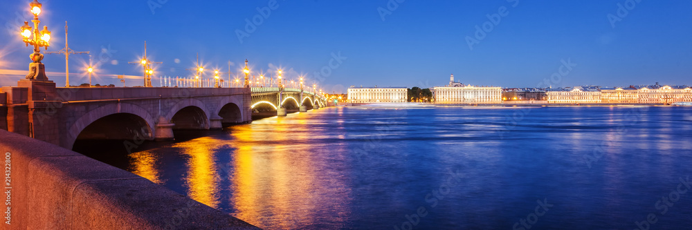 Beautiful night cityscape, night view of St. Petererburga and illuminated bridges, traveling in Russia, panorama banner format