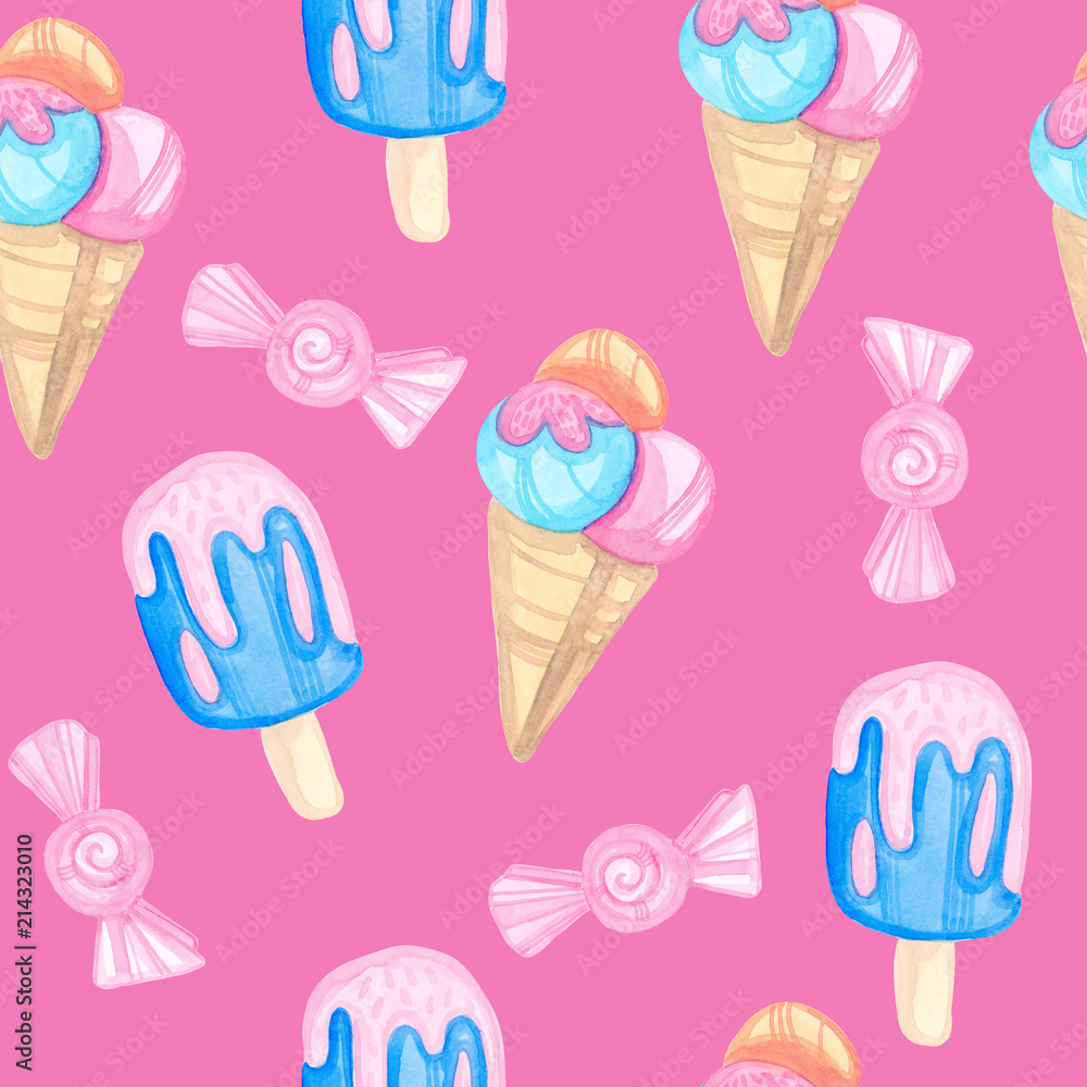 Seamless watercolor pattern handmade with cartoon sweets. Ice cream and sweets on a pink background Seamless watercolor pattern handmade with cartoon sweets. Ice cream and sweets on a pink background