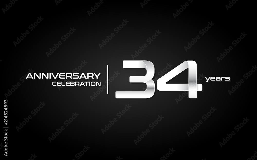 34 years anniversary celebration logo, white, isolated on white background