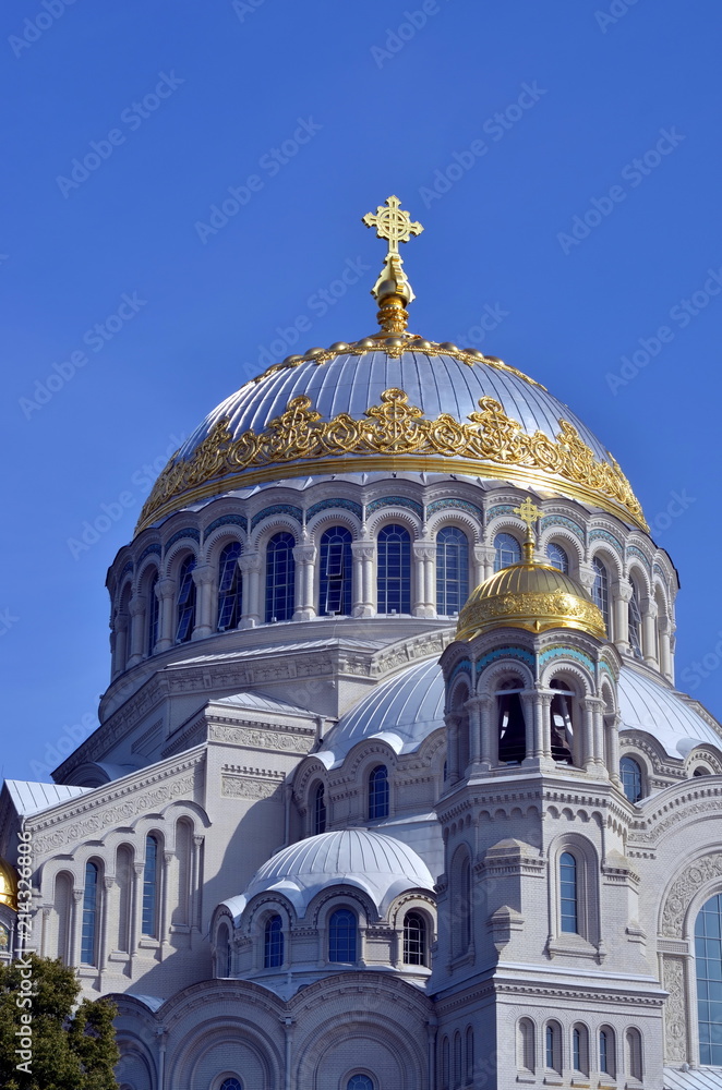 Orthodox Naval cathedral of St. Nicholas in Kronshtadt built in 1913 as the main church of the Russian Navy. Suburbs of St. Petersburg, Russia 