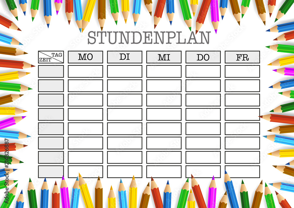 Stundenplan Vorlage mit farbigen Buntstiften Stock-Vektorgrafik | Adobe ...