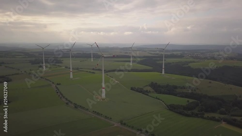  Windmills, energy from nature view from above, aerial photography. Very close.