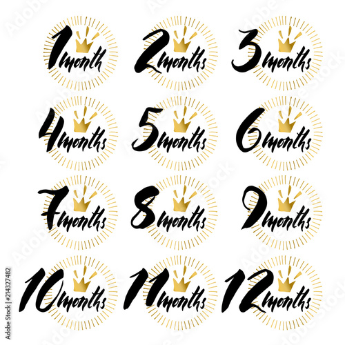 Monthly baby milestone  with  lettering elements. Vector illustration. Black with gold on a white background.